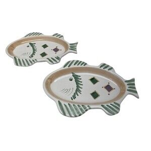 Caleca Belvidere Italy Set 2 Hand Painted Fish Shaped Plates Italian Pottery